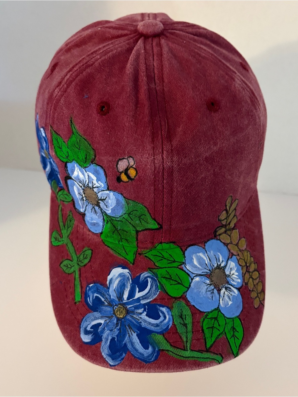 Hand-Painted Floral Baseball Cap - Burgundy Blue Flowers